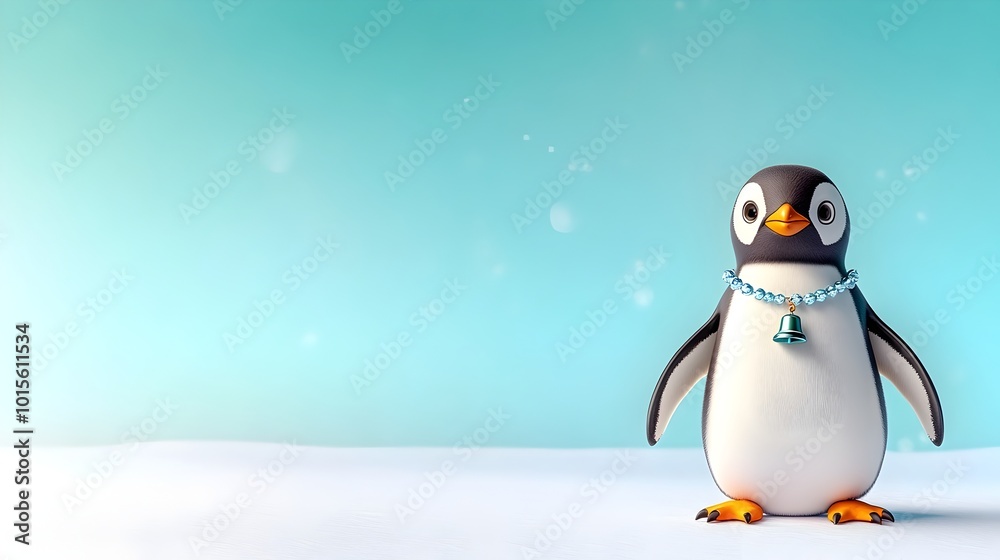 Festive 3D Penguin with Jingle Bell Necklace Against Icy Turquoise Background Festive 3D Penguin with Jingle Bell Necklace Against Icy Turquoise Background