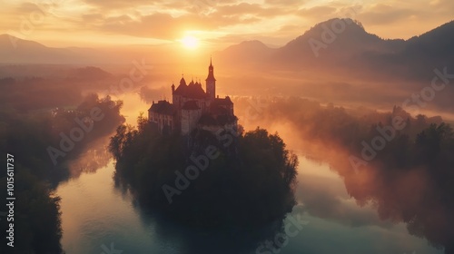 A fairytale castle on a small island in the middle of a lake, surrounded by mountains, with a golden sunrise in the background.