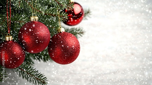 A festive Christmas tree adorned with shimmering red ornaments, surrounded by softly falling snowflakes.