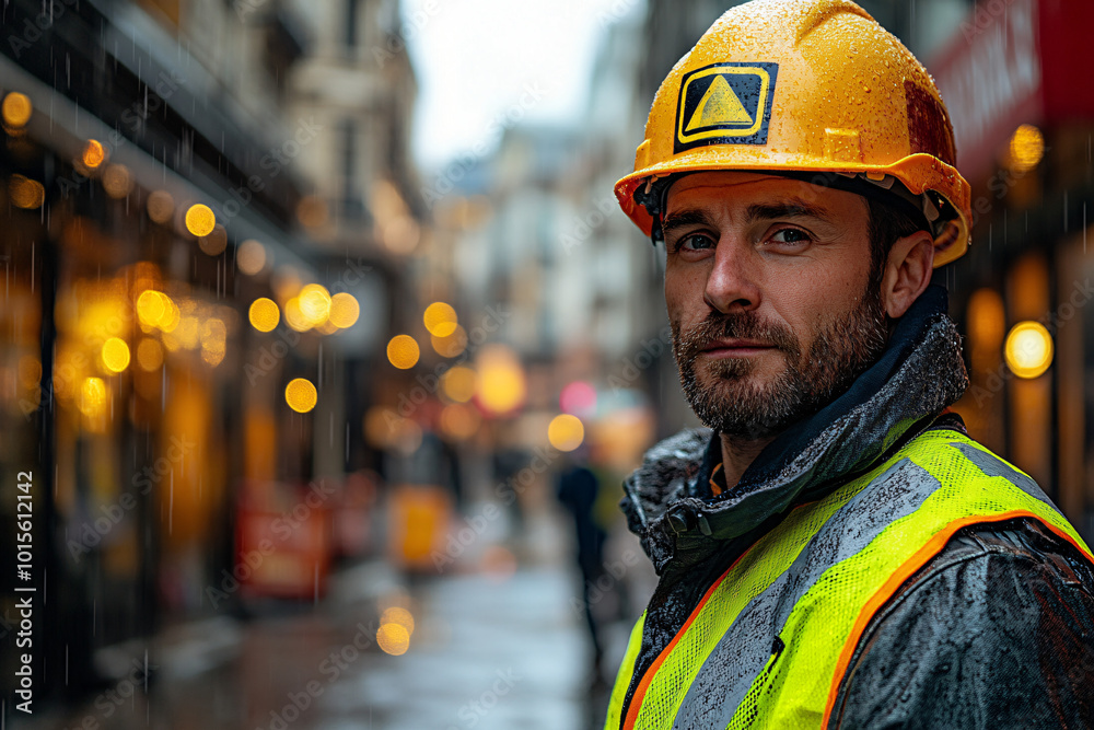 closeup portrait of a confident construction worker in yellow hard hat and safety vest on a rainy city street