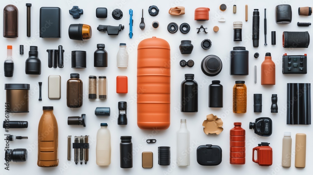 Fototapeta premium Assorted modern containers and accessories on a white background.