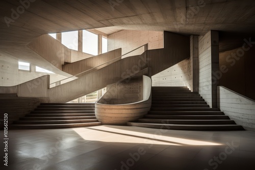 Modern Concrete Architecture with Grand Staircase and Geometric Design photo