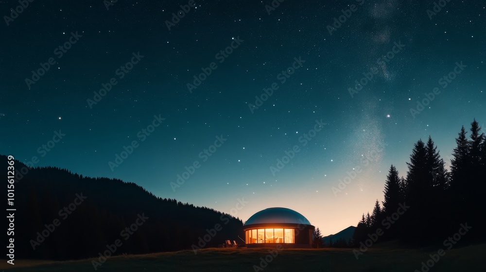 A futuristic observatory with a curved glass dome emits a warm glow beneath the starry night sky, framed by dark pine trees, merging nature with advanced technology