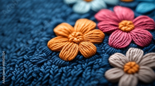 Closeup of crochet stitches forming a floral pattern, delicate lacework, vibrant colors, artisanal craftsmanship, macro shot photo