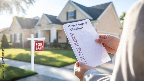 Person holding house buying checklist near a 'For Sale' sign in suburban neighborhood.