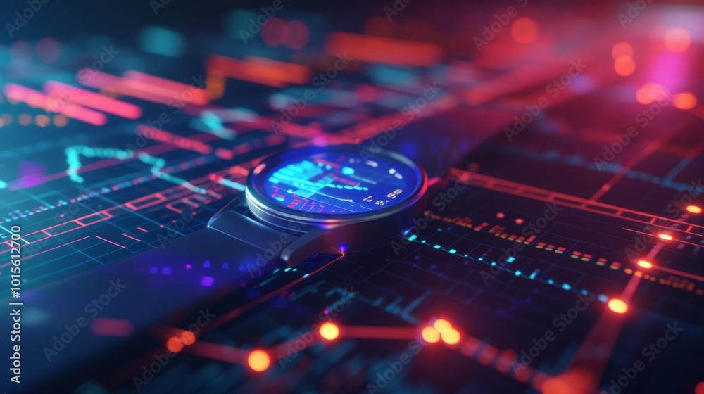 A glowing smartwatch display, laid against a high-tech data interface with vibrant red and blue hues. The futuristic setting, emphasizing data tracking and technology, fits perfectly for tech or A glowing smartwatch display, laid against a high-tech data interface with vibrant red and blue hues. The futuristic setting, emphasizing data tracking and technology, fits perfectly for tech or