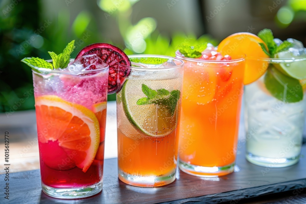 Three glasses of different colored drinks with fresh fruit garnish, generative ai image Three glasses of different colored drinks with fresh fruit garnish, generative ai image
