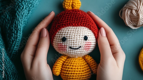 Hands crocheting a small amigurumi doll, intricate and detailed crafting process, cozy and artistic atmosphere, soft yarn textures photo