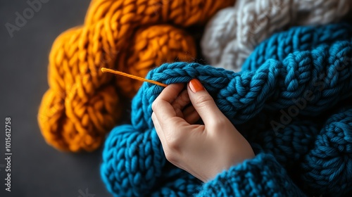 Hands crocheting with chunky yarn, creating a warm and cozy scarf, vibrant colors and detailed craftsmanship, closeup shot photo