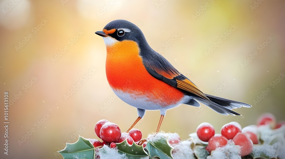 Stunning Crimson Breasted Songbird Perching on Snow Covered Branch with Red Berries Stunning Crimson Breasted Songbird Perching on Snow Covered Branch with Red Berries