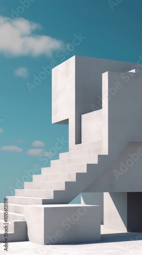 Modern Minimalist Concrete Architecture with Geometric Staircase against Clear Sky photo