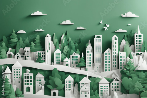 illustration of papercut of sustainable city with natural forest elements eco friendly urban green cityscape
