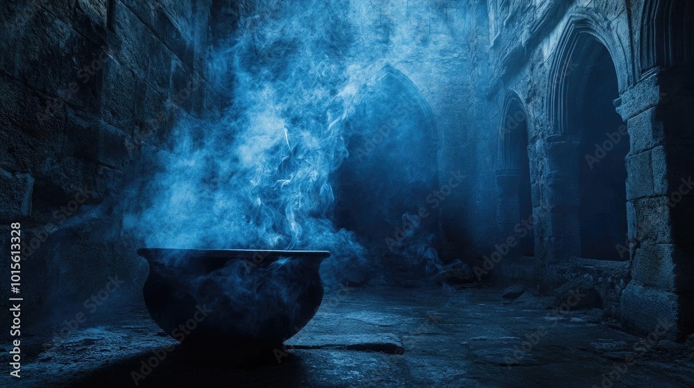 Mysterious cauldron emits blue smoke in a dark, ancient setting, evoking a sense of magic and intrigue.