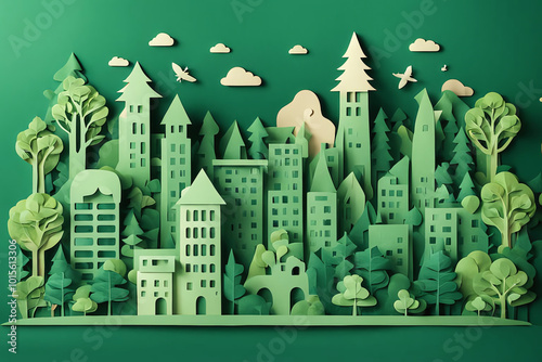 illustration of papercut of sustainable city with natural forest elements eco friendly urban green cityscape