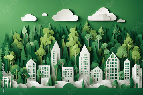 illustration of papercut of sustainable city with natural forest elements eco friendly urban green cityscape