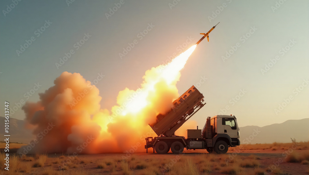 Multiple Defense Missile defense system in action, with a ground-based launcher firing ...