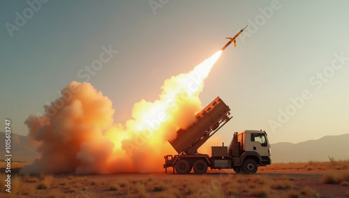 Missile defense system in action, with a ground-based launcher firing multiple anti-aircraft missiles into the sky to intercept incoming fighter jets. photo