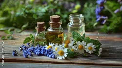 Glass bottles filled with essential oils are surrounded by chamomile, lavender, and fresh mint, symbolizing natural wellness and aromatherapy.