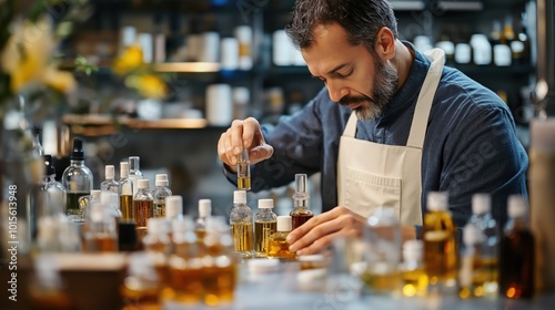 Perfumer expertly blending essential oils in a fragrant laboratory. 