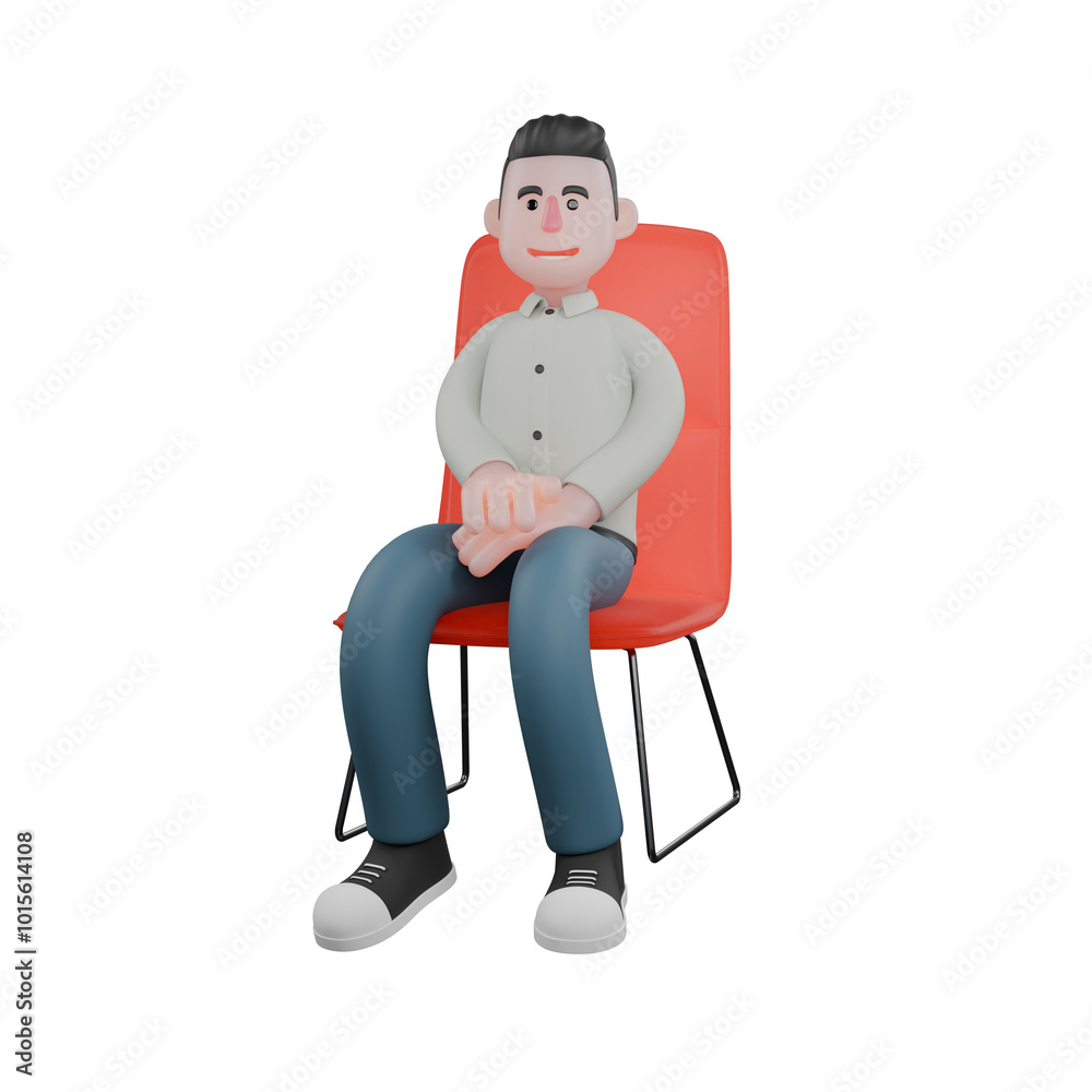 Fototapeta premium 3D Male Writer in Literary Profession. A male writer is sitting on a red chair with both palms stacked on his waist. Illustrated