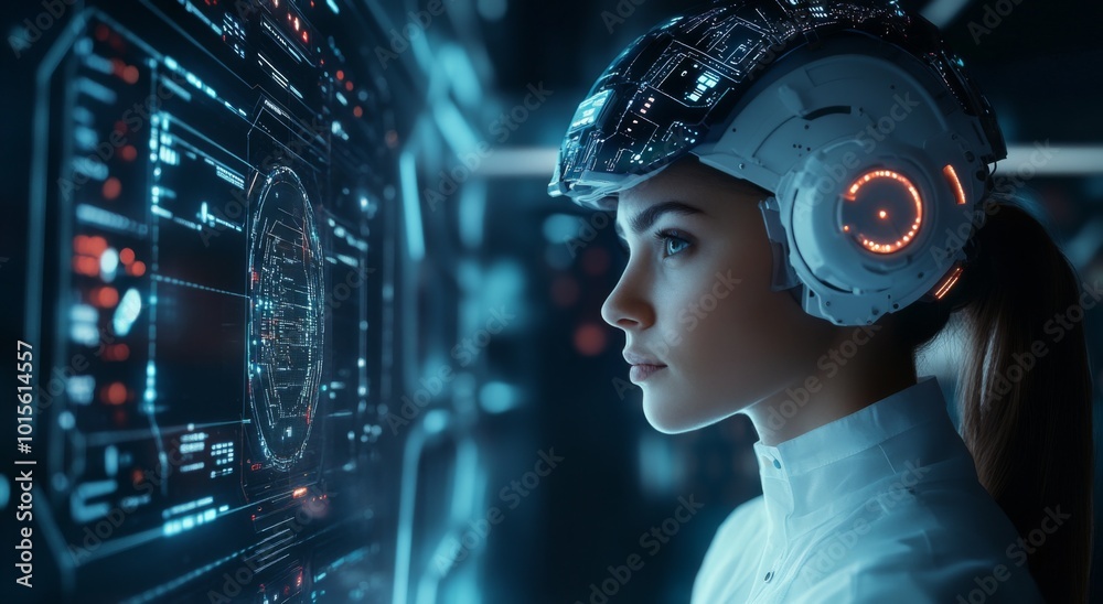 Fototapeta premium A female scientist with cybernetic panels on her head stands confidently in front of an AI interface screen.