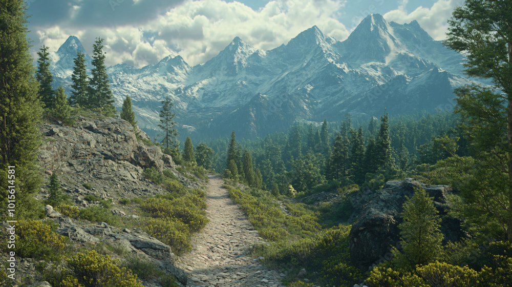 A mountain trail winding through a forest, leading to a scenic overlook of the surrounding peaks. A mountain trail winding through a forest, leading to a scenic overlook of the surrounding peaks.
