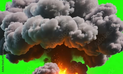 a terrible and very large explosion, similar to an atomic bomb explosion with fire and smoke rising high on a green screen photo