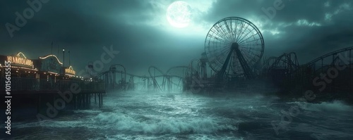 A haunting twilight scene featuring a ferris wheel amidst stormy waves under a full moon, evoking eerie calm and mystery.