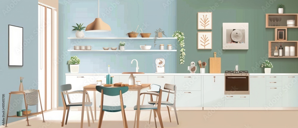 Interior of stylish kitchen with dining table, shelving unit, chairs and lamp