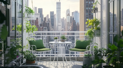 Bright plants adorn a balcony with modern green chairs and a small table, offering a peaceful retreat with a stunning view of New York City's bustling skyline under clear blue skies. photo