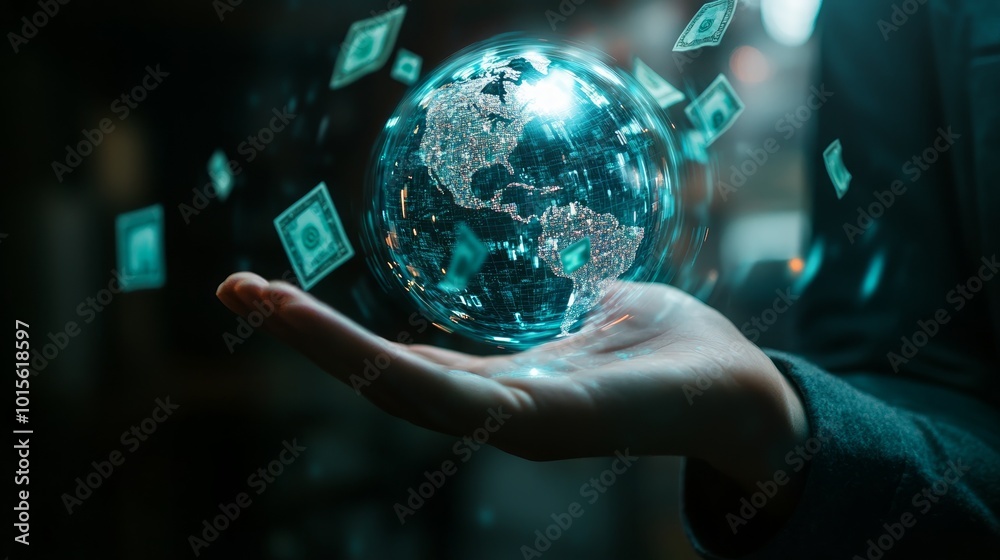 A hand holding a glowing globe with digital money flying around it, representing global finance, business, and technology. A hand holding a glowing globe with digital money flying around it, representing global finance, business, and technology.