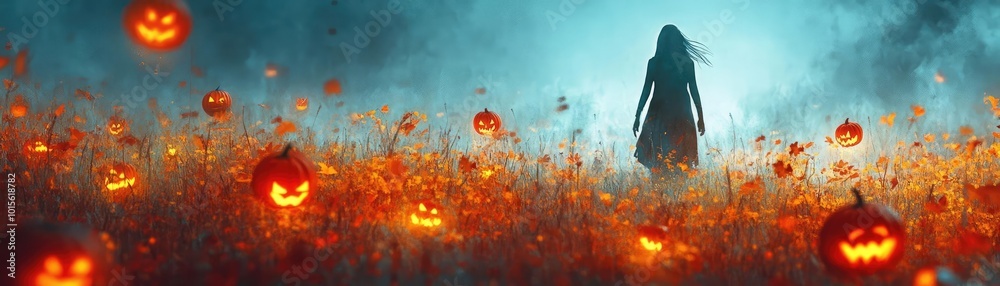 A mysterious silhouette walks through a pumpkin field, illuminated by glowing jack-o'-lanterns under a moody twilight sky. A mysterious silhouette walks through a pumpkin field, illuminated by glowing jack-o'-lanterns under a moody twilight sky.