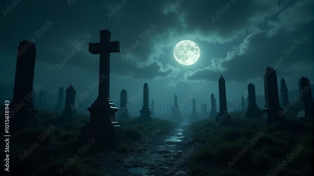 Mystical ancient graveyard under cloudy sky with super moon. Mystical ancient graveyard under cloudy sky with super moon.