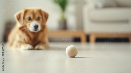 Cat chasing a ball while the dog watches, playful and lively interaction, bright and joyful indoor setting photo