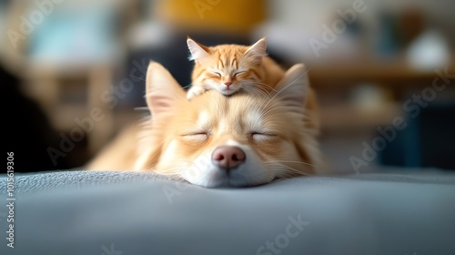 Cat resting on top of a dogs head, playful and funny interaction, cozy and lighthearted home setting