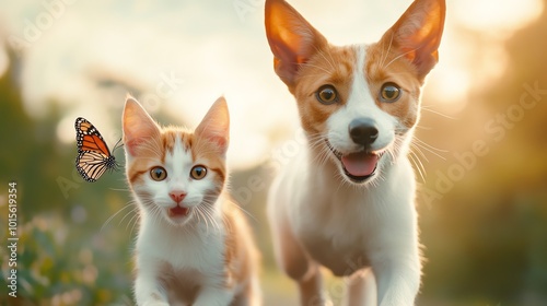 Dog and cat chasing butterflies in a garden, joyful and playful, bright and colorful outdoor scene photo