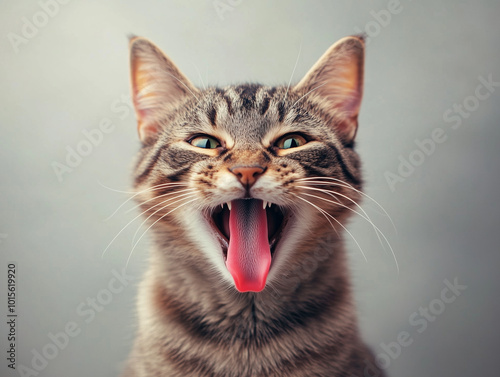 A close-up shot of a playful cat sticking its tongue out, captured against a neutral background