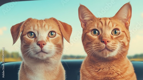 Dog and cat sitting side by side in a car, looking out of the window, ready for an adventure, bright and dynamic scene photo