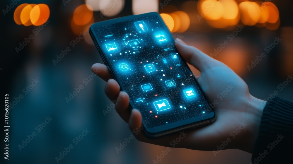 Obraz premium A hand holding a smartphone with glowing app icons, representing the digital world and mobile technology.