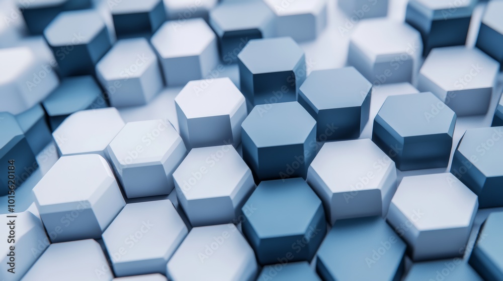 A modern, minimalist design featuring an array of blue and white hexagons with transparent glass-like textures, creating the illusion that they float above each other on top of marble surfaces. A modern, minimalist design featuring an array of blue and white hexagons with transparent glass-like textures, creating the illusion that they float above each other on top of marble surfaces.