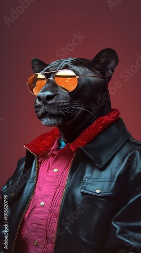 Stylish Panther in Vintage 90s Fashion with Leather Jacket and Sunglasses photo