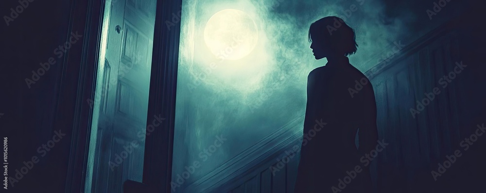 Fototapeta premium A haunting silhouette stands in moonlight, casting an eerie shadow in a mysterious hallway, evoking feelings of suspense and intrigue.