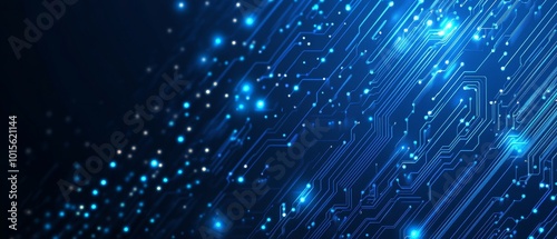 Abstract blue circuit board background vector presentation design, with glowing lights and dots, featuring techy elements on a dark blue color background.
