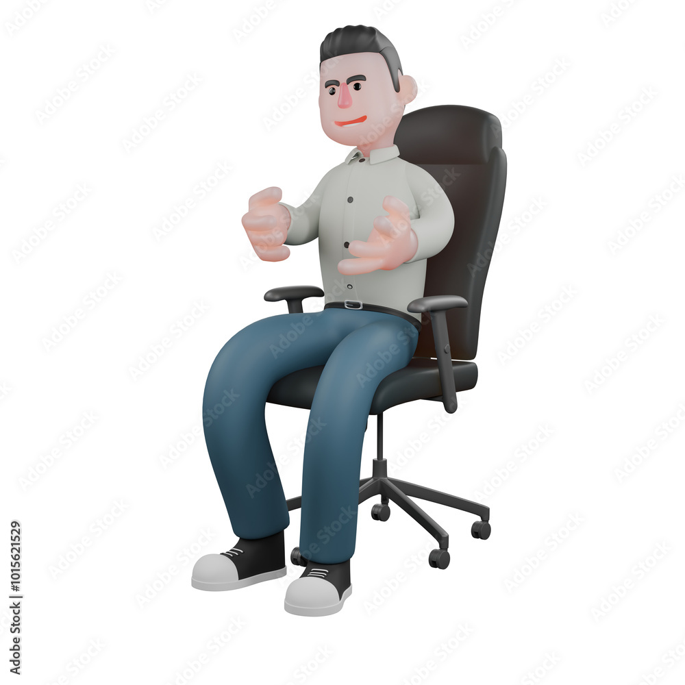 Fototapeta premium Male Professional Writer - 3D Character. A male writer is sitting while raising his hands in front of his chest. Literary