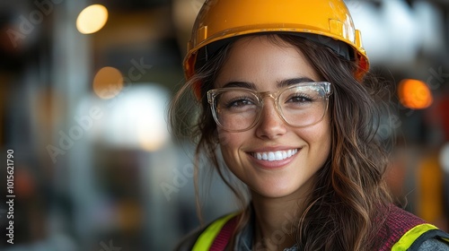 confident female engineer in safety gear smiling in a construction environment hard hat and highvisibility vest highlight her role in a maledominated field embodying empowerment photo