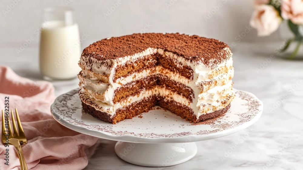 A layered dessert with cream and cocoa on a decorative plate, showcasing a slice removed. A layered dessert with cream and cocoa on a decorative plate, showcasing a slice removed.