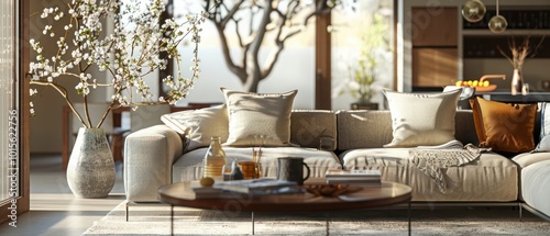 Interior of stylish living room with sofa, coffee table, workplace and blooming tree branches in vase