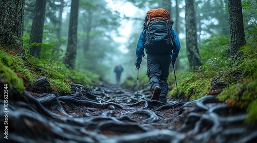 Hiking Through Misty Forest