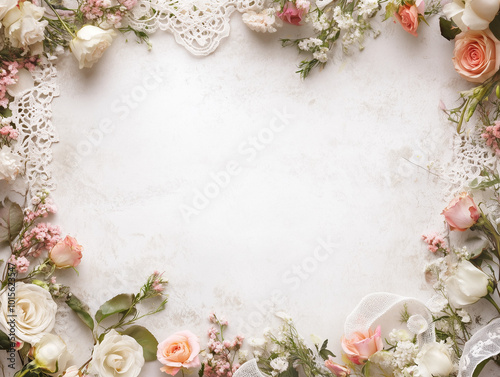 Minimalist, vintage-inspired floral border with soft roses, lace ribbons, and delicate greenery, creating a romantic frame with a blank white center for customizable use