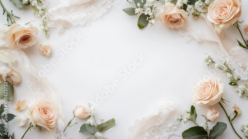 Minimalist, vintage-inspired floral border with soft roses, lace ribbons, and delicate greenery, creating a romantic frame with a blank white center for customizable use
